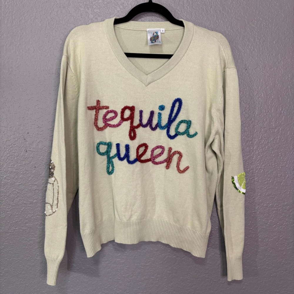 Queen of Sparkles Tequila Queen V-Neck Sweater Sage Green Sequin Lime Salt Med